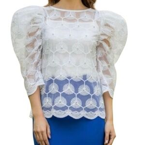 # A010  Elegant White Lace Puff Sleeve Blouse  Pearl Detail   Size M